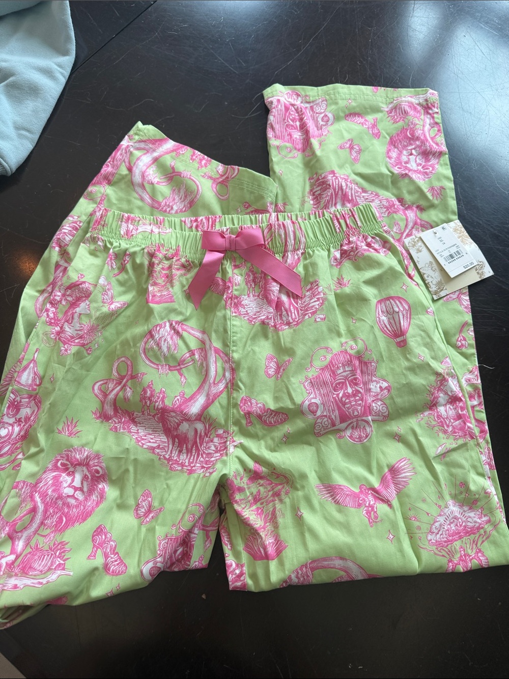 Wicked Girls' Green and Pink Printed Pajama Bottoms with Pink Bow Waist